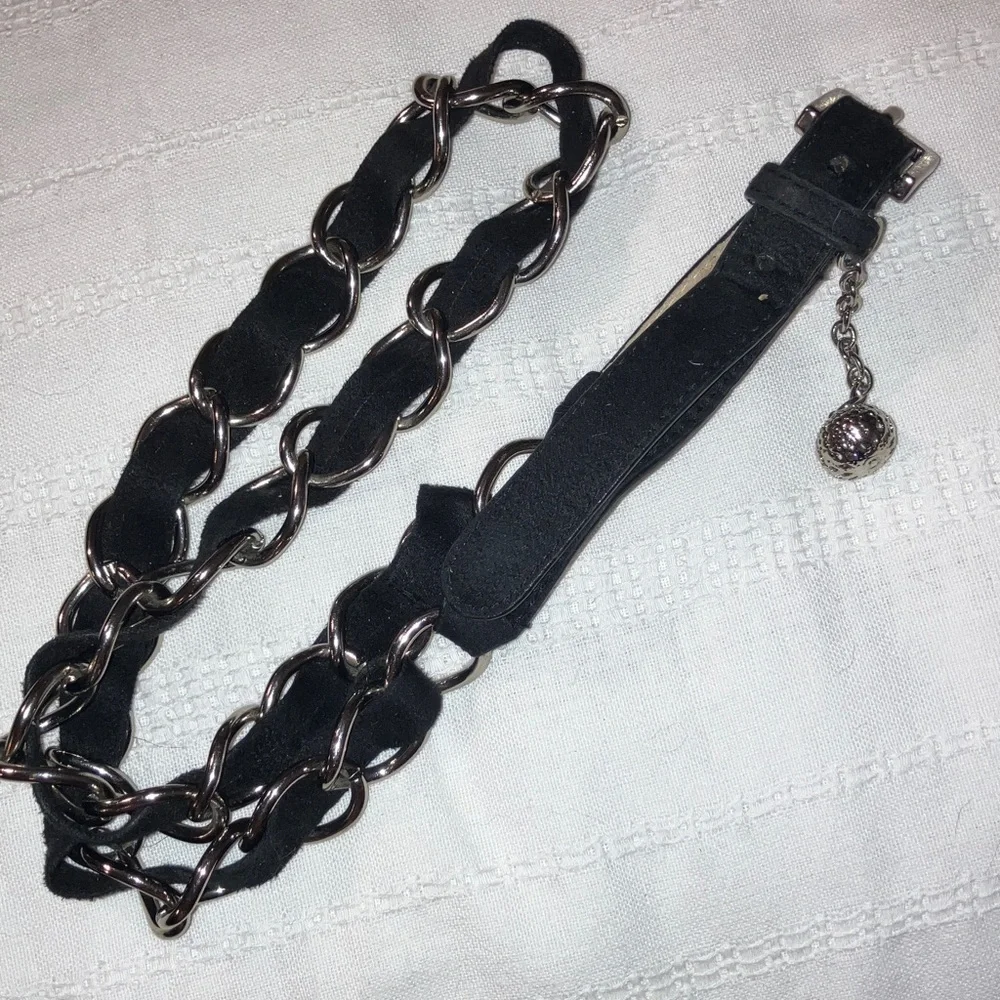 Vintage Black Leather and Silver Chain‎ Belt Intertwined Adjustable XL